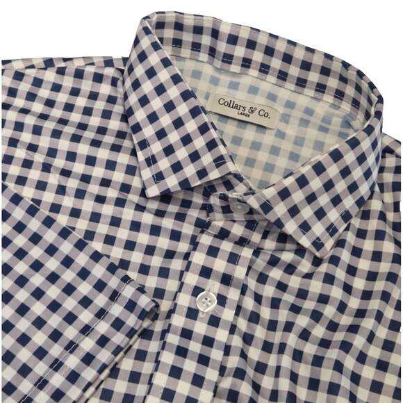 NWOT Collars & Co Mens L Quattro Flex Short Sleeve Button Down Navy Gingham - Picture 1 of 6